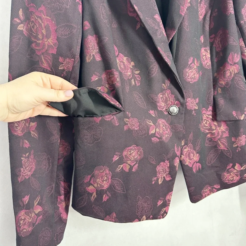 WHBM Burgundy Floral Rose Single Button Blazer Women's Size 12 gold crest button - Picture 3 of 14